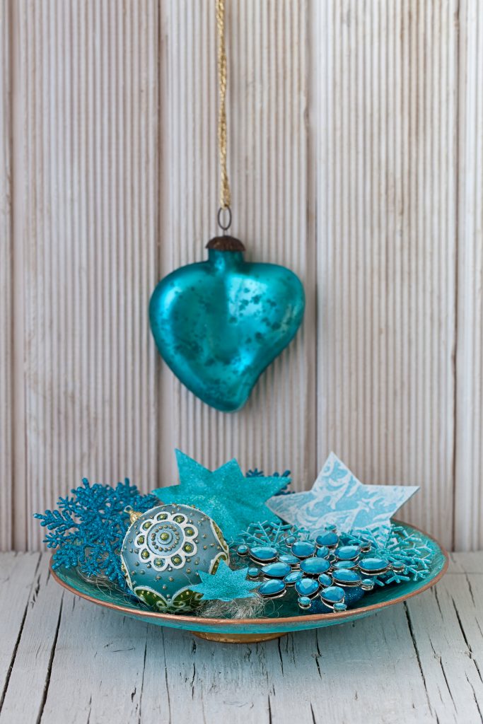 Blue turquoise Christmas Ornaments In A Bowl Fundación Neuroblastoma